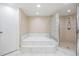 Bright bathroom features a tub with marble tile surround, and a separate glass block shower at 3501 Country Creek Ln, Valrico, FL 33596