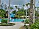 Community pool area with a water slide and lounge chairs surrounded by lush greenery and palm trees at 3800 Silverlake Way, Wesley Chapel, FL 33544