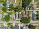 Overhead shot of a home nestled among trees with neighboring houses and streets, offering a glimpse of the area at 2909 W Spruce St, Tampa, FL 33607