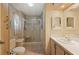 Clean bathroom with a shower/tub combo and vanity at 7131 El Dewitt St, Zephyrhills, FL 33541