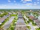 High altitude view highlights the community layout with tree-lined streets and waterfront homes at 6843 Boulder Run Loop, Wesley Chapel, FL 33545