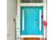 Vibrant turquoise front door with a welcome sign and a pink flamingo decoration adds coastal charm at 6843 Boulder Run Loop, Wesley Chapel, FL 33545