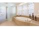 Spa-like bathroom with soaking tub, glass block shower, and elegant decor at 225 Pesaro Dr, North Venice, FL 34275