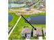 Aerial view of a house and its surroundings, including a lake and other houses at 13265 Great Plains Dr, Riverview, FL 33579