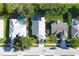An aerial view shows houses with pools, well manicured lawns, and driveways at 13451 Knotty Ln, Hudson, FL 34669