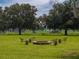 Stone fire pit with four metal chairs in a grassy field at 34868 Prospect Rd, Dade City, FL 33525