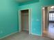 Bright bedroom with teal walls, carpeting, and a double-door closet at 10308 Holland Rd, Riverview, FL 33578