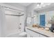 Clean bathroom with white subway tile and granite vanity at 4302 Deepwater Ln, Tampa, FL 33615