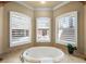 Bright bathroom features a soaking tub with plantation shutters and backyard pool view at 13216 Legends Trl, Dade City, FL 33525