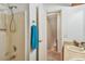 Shower and vanity, with a door to another carpeted room beyond at 3520 Leslie West Rd, Dover, FL 33527