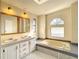 Bathroom with double vanity, large mirrors, and a garden tub at 34051 Brown Byu, Wesley Chapel, FL 33543