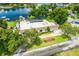 Lakeside property featuring solar panels, mature tree coverage, and an American flag at 3744 E Lake Dr, Land O Lakes, FL 34639