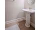 Modern powder room with pedestal sink and wood-look tile at 9107 Carolina Wren Dr, Tampa, FL 33626