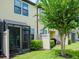 Screened patio and grassy backyard with trees at 9107 Carolina Wren Dr, Tampa, FL 33626