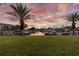 Picturesque waterfront view of a dock with several boats, framed by palm trees and a colorful sunset sky at 5709 E Longboat Blvd, Tampa, FL 33615