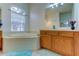 Bathroom with soaking tub, shower, and wood cabinets at 25954 Risen Star Dr, Wesley Chapel, FL 33544
