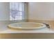 Oval soaking tub with tile surround and window at 25954 Risen Star Dr, Wesley Chapel, FL 33544