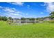Scenic view of a lake with lush green grass and homes in the background at 9506 Pebble Glen Ave, Tampa, FL 33647