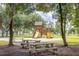 Playground nestled under shade trees with picnic tables at 3111 Arrowsmith Rd, Wimauma, FL 33598