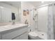 Clean bathroom with shower stall and white vanity at 7864 Broad Pointe Dr, Zephyrhills, FL 33540