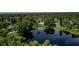 An aerial view showcasing a tranquil lake surrounded by lush greenery and homes at 20605 Preston Ln, Lutz, FL 33558