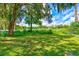 Shady backyard with a fire pit, bordering natural foliage and a lake at 21415 Hopson Rd, Land O Lakes, FL 34638