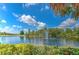 Scenic pond view with a fountain, lush greenery, and vibrant flowers creating a serene natural setting at 2309 Mooney. Pl, Sun City Center, FL 33573