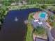 Aerial view of the community pool, clubhouse, fountain, and dock, surrounded by lush greenery at 6527 Stonington Dr, Tampa, FL 33647
