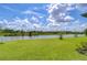Landscaped backyard with pond view and lush green grass at 2406 High Tides Way, Wesley Chapel, FL 33543