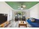 Living room showcasing stylish seating, a TV, and a green accent ceiling at 301 N Glen Ave, Tampa, FL 33609