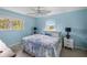 Comfortable bedroom with blue walls, large windows, and a stylish ceiling fan creating a serene atmosphere at 4031 Eagle Nest Dr, Hernando Beach, FL 34607