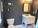 Clean bathroom with dark gray walls, floating shelves, and updated vanity at 26638 Green Willow Run, Wesley Chapel, FL 33544
