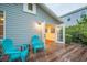 Wooden deck with two teal chairs and a small table at 1837 Worrington St, Sarasota, FL 34231