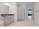 Modern bathroom with walk-in shower and gray vanity at 10813 Rolling Moss Rd, Tampa, FL 33647