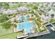 Aerial view of the community pool featuring a slide and waterfront dock at 617 Islebay Dr, Apollo Beach, FL 33572