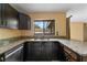 Kitchen featuring dark wood cabinets, granite countertops, and a stainless steel dishwasher at 15635 Bear Creek Dr, Tampa, FL 33624
