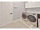 Laundry room with modern washer, dryer, and white cabinets at 2348 Silvermoss Dr, Wesley Chapel, FL 33544