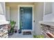 Charming teal front door entrance with stone accents and potted plants at 13012 Rain Lily Dr, Riverview, FL 33579
