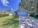 Inviting one-story home showcasing a bright blue garage door, a landscaped front yard, and mature shade trees at 4477 67Th N St, St Petersburg, FL 33709