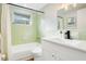 Clean bathroom with a bathtub, shower, and white vanity at 5004 Flora Ave, Holiday, FL 34690