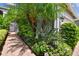 Brick walkway to the house entrance, surrounded by tropical plants at 15626 Aurora Lake Cir, Wimauma, FL 33598