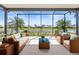 This screened patio features comfortable wicker furniture and a serene waterfront view at 4949 Sandy Brook Cir, Wimauma, FL 33598