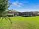 Large backyard with grassy lawn, screened pool enclosure, and mature trees at 13217 Thoroughbred Dr, Dade City, FL 33525