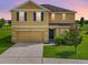 Two-story house with beige exterior, blue shutters, and a two-car garage at 35716 Hillbrook Ave, Zephyrhills, FL 33541