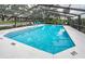 Community pool with screened enclosure, lounge chairs, and a clear blue pool at 2156 Masters Ct # 2156, Dunedin, FL 34698