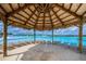 Relaxing lounge chairs under a thatched roof palapa overlooking the lagoon at 8367 Ender Hills Dr, Wesley Chapel, FL 33545