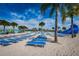 Beach area with lounge chairs, palm trees, and a waterslide in the background at 8367 Ender Hills Dr, Wesley Chapel, FL 33545