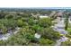 Aerial view shows the property situated among mature trees in a quiet neighborhood at 733 1/2 New Jersey St, Clearwater, FL 33756