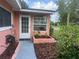 Front entrance with walkway, landscaping, and a pink exterior at 65 Ventura Dr, Dunedin, FL 34698