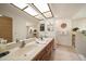 Bathroom with skylights, double sinks, and storage shelves at 1105 Deer Run Pl, Valrico, FL 33594